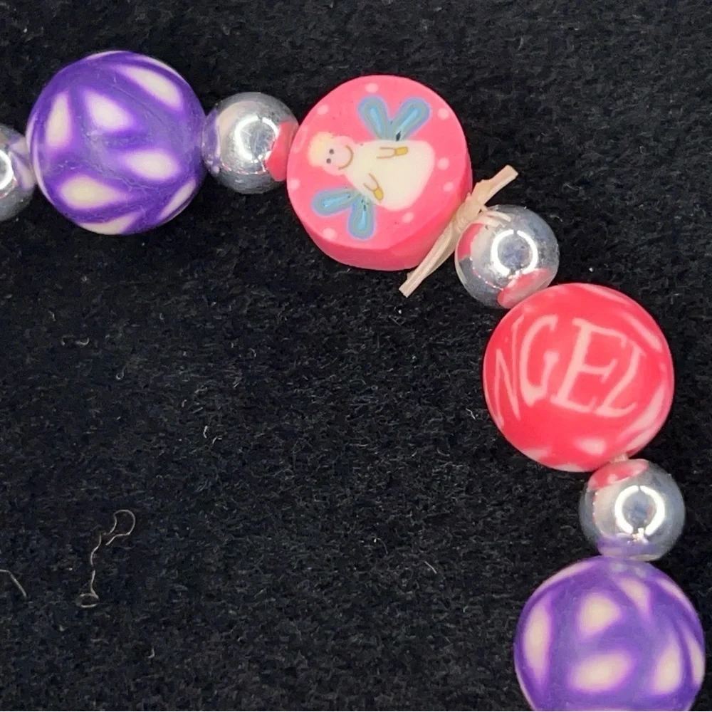 Vintage 90s Children’s Bracelet Neon Pink Angel Image Purple Accent 6” Length